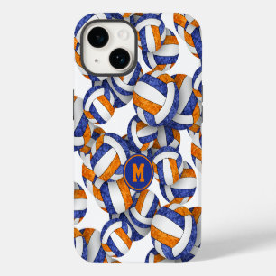 Blue orange monogrammed girly volleyballs pattern iPhone 14 case