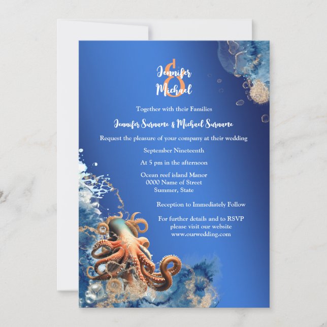 Blue orange octopus wedding beach theme invitation (Front)