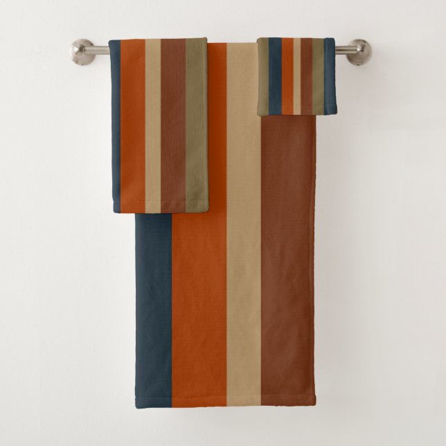 Blue, orange, olive, and sand stripes bath towel set (Insitu)