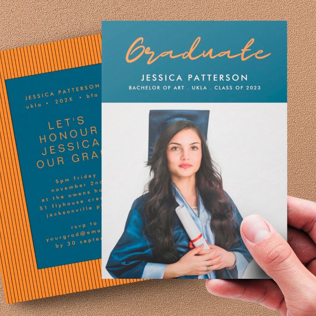 Blue Orange Party Graduate Editable Graduation Announcement (Creator Uploaded)