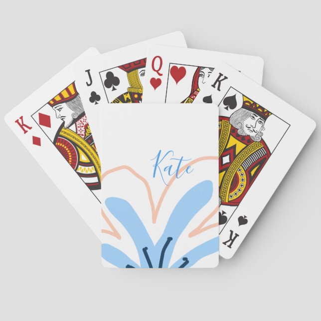 Blue orange pastel flower add name boho retro gift playing cards (Back)