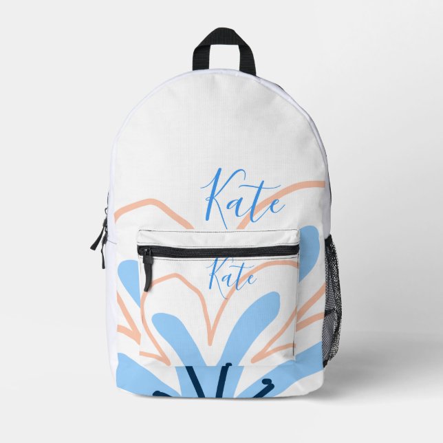 Blue orange pastel flower add name boho retro gift printed backpack (Front)