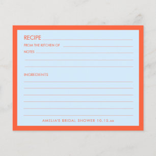 Blue Orange Personalised Bridal Shower Recipe Card