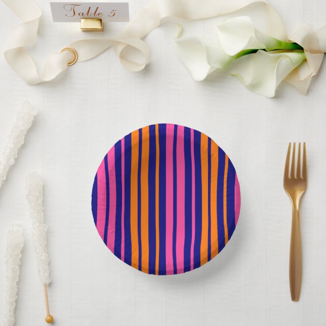 Blue Orange Pink Vertical Stripes Design   Paper Plate (Wedding)