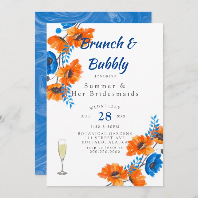 Blue Orange Poppy Bridesmaids Luncheon Invitation (Front/Back)