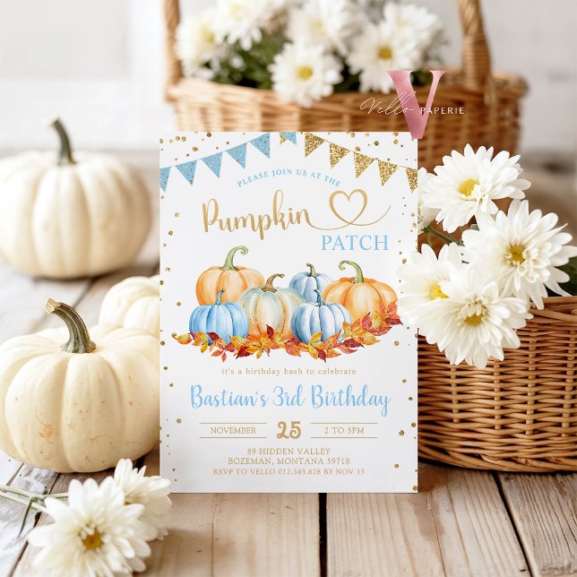 Blue Orange Pumpkin Patch Gold Glitter Birthday Invitation (Creator Uploaded)