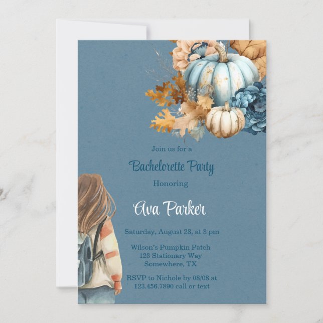 Blue Orange Pumpkin Peony Bachelorette Party Invitation (Front)
