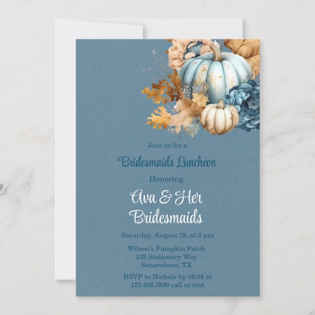 Blue Orange Pumpkin Peony Bridesmaids Luncheon Invitation (Front)