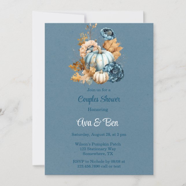 Blue Orange Pumpkin Peony Couples Shower Invitation (Front)