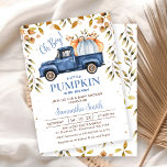 Blue Orange Pumpkin Truck Foliage Baby Shower Invitation<br><div class="desc">Blue Orange Pumpkin Truck Foliage Baby Shower Invitation Boy's autumn foliage pumpkin truck baby shower invitation featuring a dark blue truck and light blue and orange pumpkins. This design also features some black dividing lines, brown foliage and dots. This fall themed pumpkin truck boy's baby shower invitation is ideal for...</div>