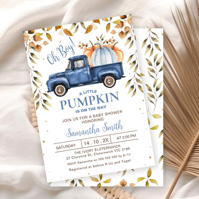 Blue Orange Pumpkin Truck Foliage Baby Shower Invitation (Editable Blue Little Pumpkin Truck Baby Shower Invitation, Fall Baby Shower Invite Boy, Editable)