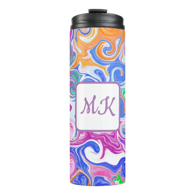 Blue, Orange, Purple and Teal Fluid Art Monogram Thermal Tumbler (Front)