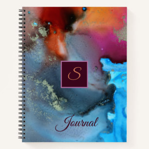 Blue Orange Red Abstract Waves Monogram Notebook