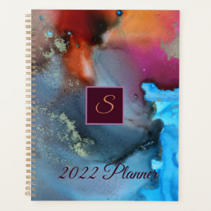 Blue Orange Red Abstract Waves Monogram Planner