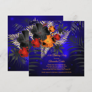 Blue Orange Red Black Hibiscus Floral Birthday Invitation