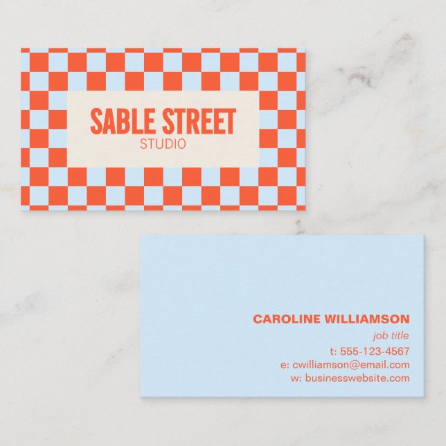 Blue Orange Retro Chequerboard Bold Creative Brand Business Card (Front/Back)