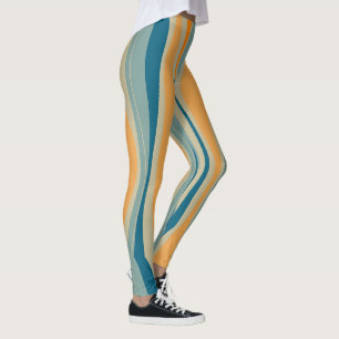 Blue & Orange Retro Wavy Stripes Leggings