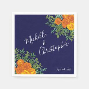 Blue & Orange Rose Floral Modern Wedding Napkin