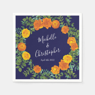 Blue & Orange Rose Floral Modern Wedding Napkin