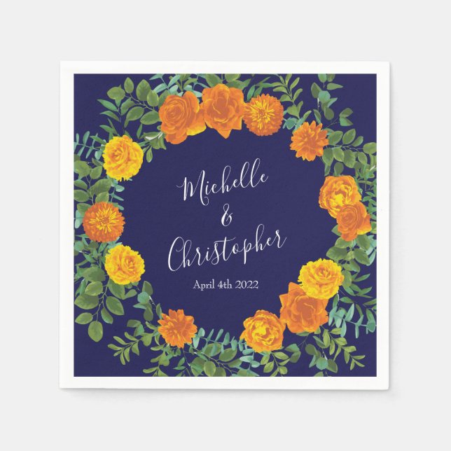 Blue & Orange Rose Floral Modern Wedding Napkin (Front)