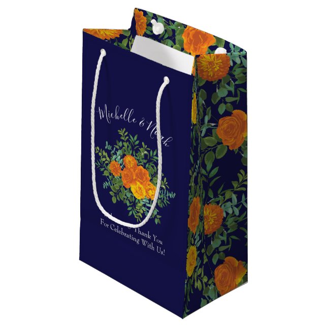 Blue & Orange Rose Floral Modern Wedding Small Gift Bag (Front Angled)