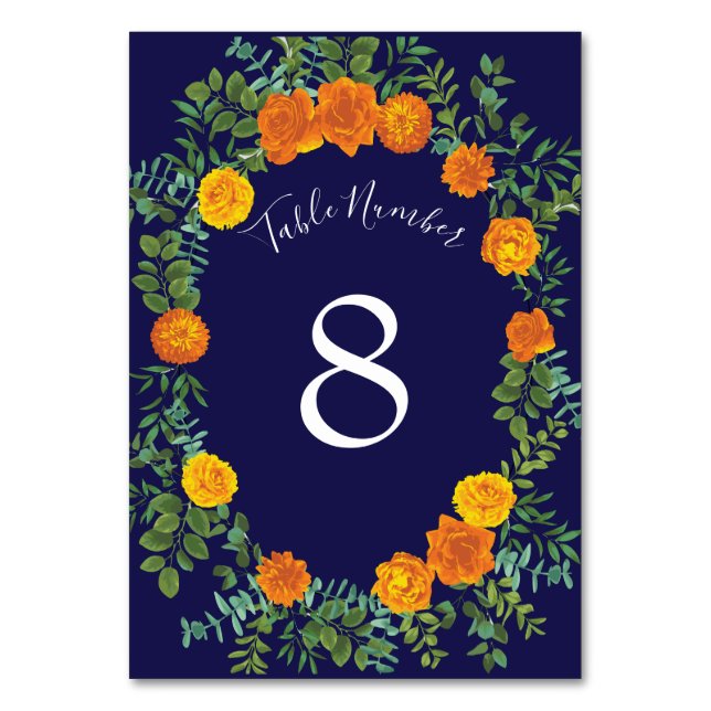 Blue & Orange Rose Floral Modern Wedding Table Number (Back)