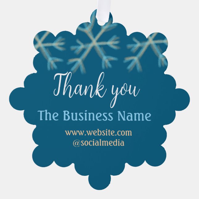 Blue orange snowflakes add business name christmas tree decoration card (Front)