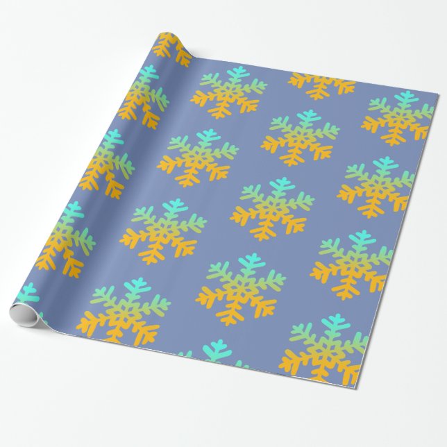 Blue Orange Snowflakes Winter Wrapping paper (Unrolled)
