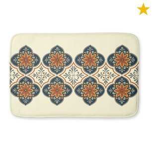 Blue Orange Spanish Tile Flower Pattern  Bath Mat