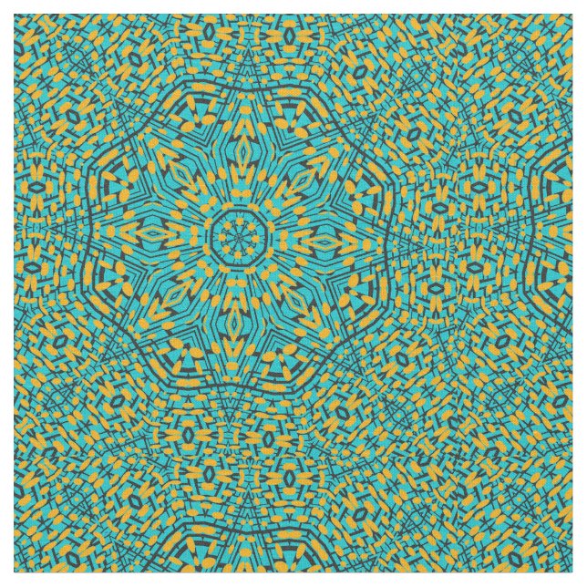 Blue Orange Star Kaleidoscope Print Pattern Fabric (Close Up)