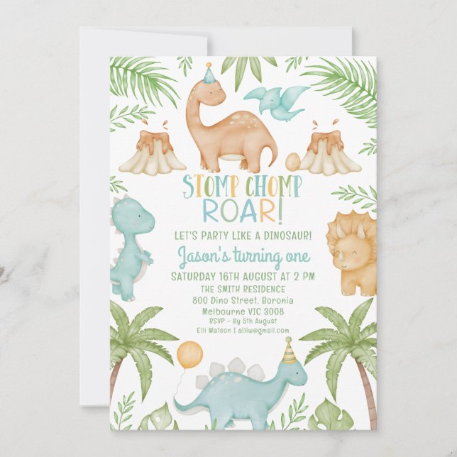 Blue Orange Stomp Chomp Roar Dinosaur Birthday  Invitation (Front)