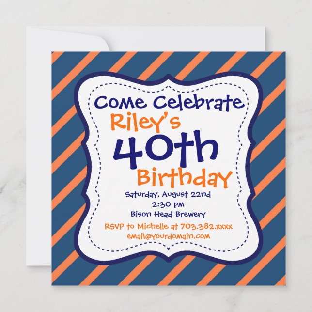 Blue Orange Stripes 40th Birthday Party Invitation (Front)