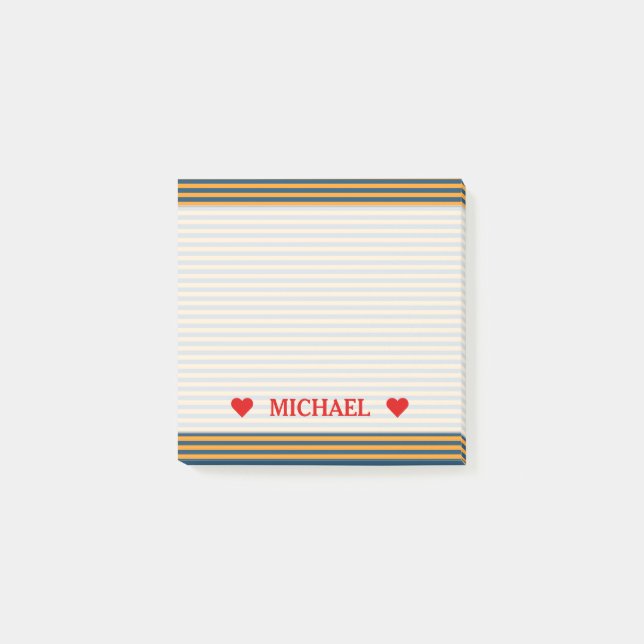 Blue & Orange Stripes/Lines Pattern & Custom Name Post-it Notes (Front)
