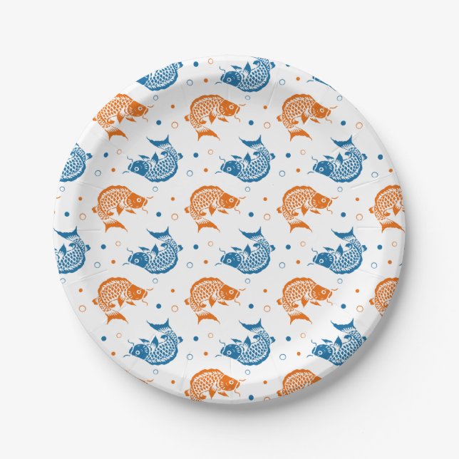Blue Orange Summer Japanese Koi Fish Paper Plate (Front)