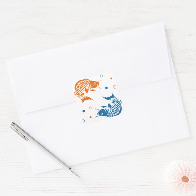 Blue Orange Summer Japanese Koi Fish Square Sticker (Envelope)
