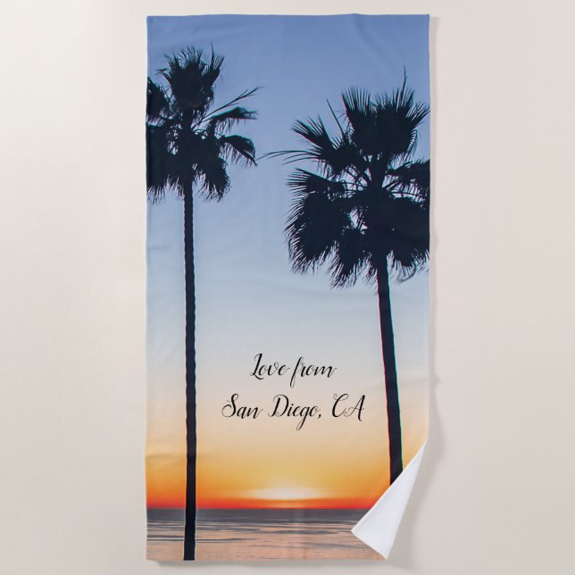Blue & Orange Sunset Palm Trees Silhouette Beach Towel (Front)