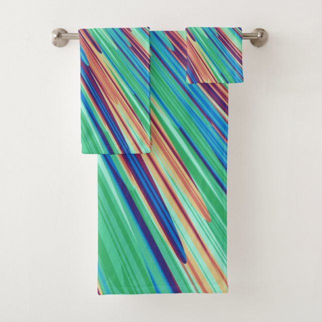Blue Orange Teal Abstract Geometric Feathers Bath Towel Set (Insitu)