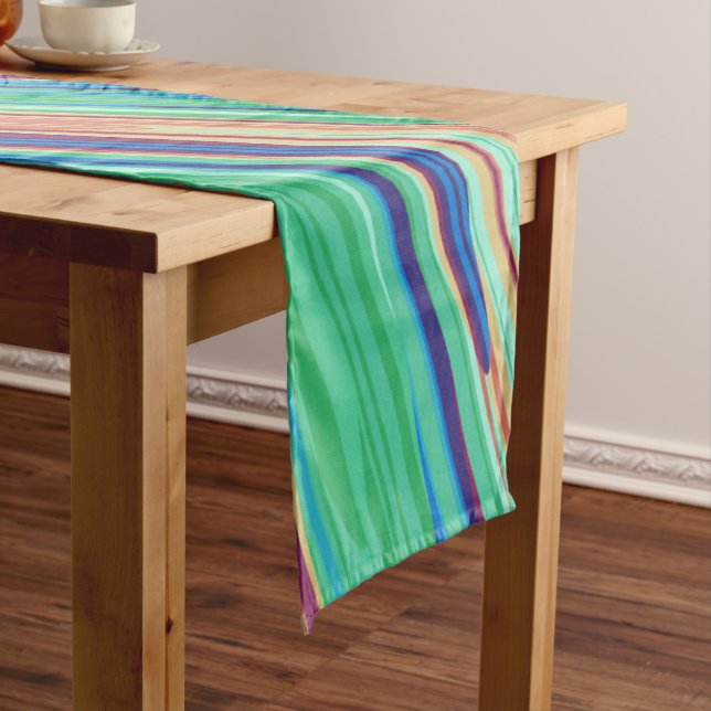Blue Orange Teal Abstract Geometric Feathers Short Table Runner (In Situ)