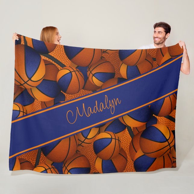 blue orange team colours girls basketballs pattern fleece blanket (In Situ)