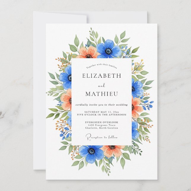 Blue Orange Vibrant Bloom Wedding Invitation (Front)