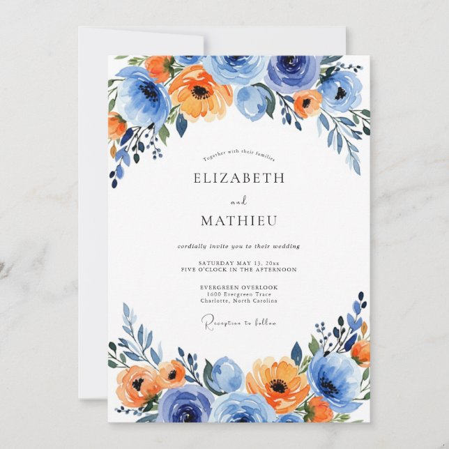 Blue Orange Vibrant Floral Wedding Invitation (Front)