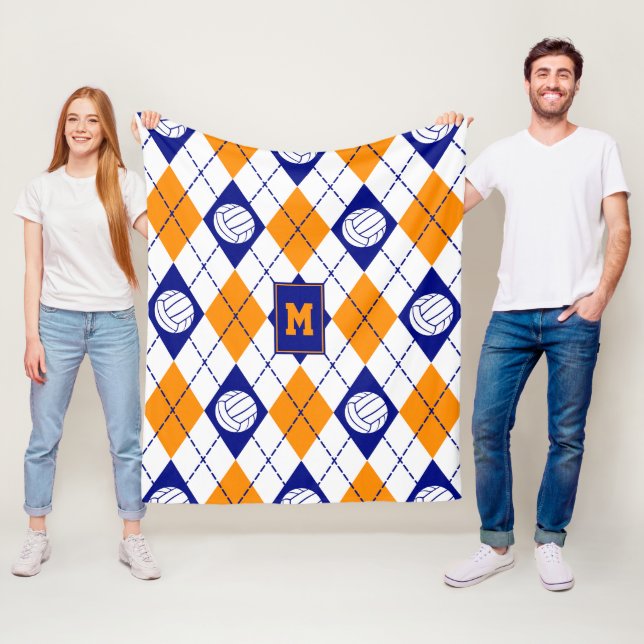 blue orange volleyball team colours argyle pattern fleece blanket (In Situ)