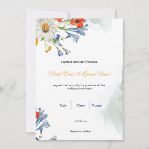 Blue & Orange Watercolor Floral Wedding Invitation