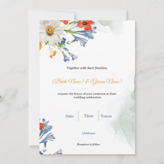 Blue & Orange Watercolor Floral Wedding Invitation