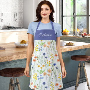 Blue Orange Watercolor Wildflower Custom Name Apron