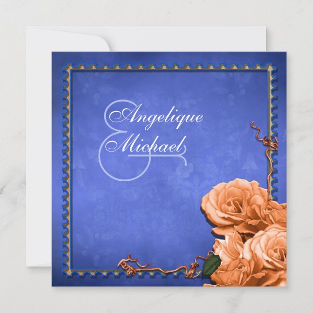 Blue orange wedding vintage rose invitation (Front)