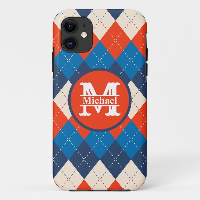 Blue Orange White Preppy Sporty Argyle Personalise Case-Mate iPhone Case (Back)