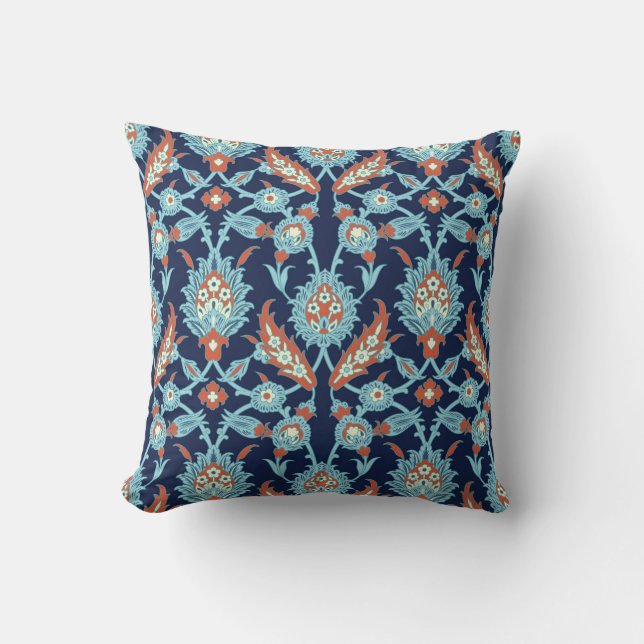 Blue Orange White Turkish Oriental Floral Pattern Cushion (Front)