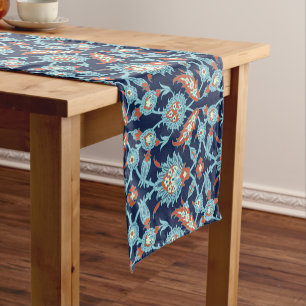 Blue Orange White Turkish Oriental Floral Pattern Short Table Runner