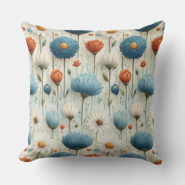 Blue Orange Wildflower Floral  Cushion (Front)
